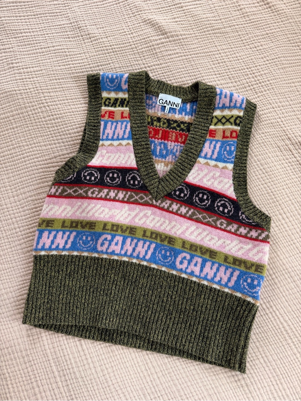 Ganni Olive Multicolor Knit Logo Vest